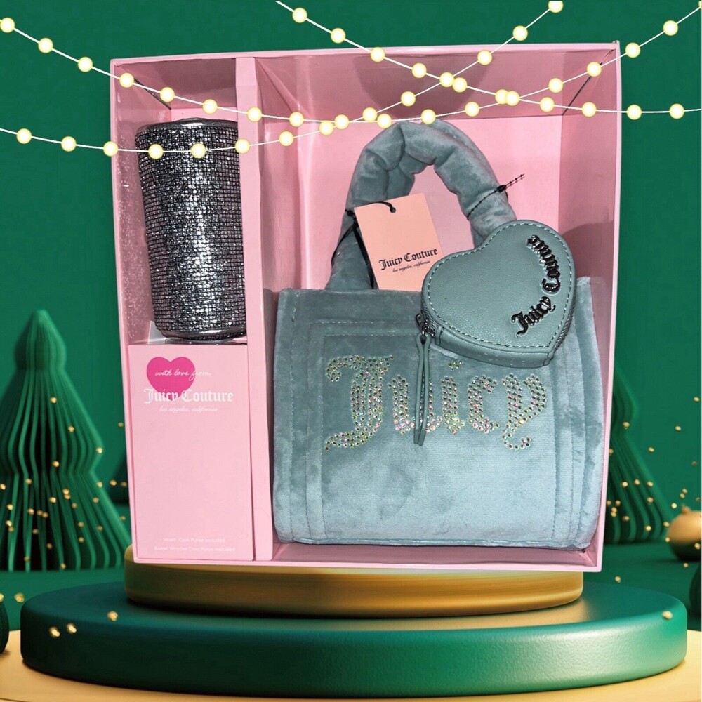 JUICY COUTURE Free Love Big Spender Tote Bag Gift Set 3 Pieces Cool Blue NEW HOT